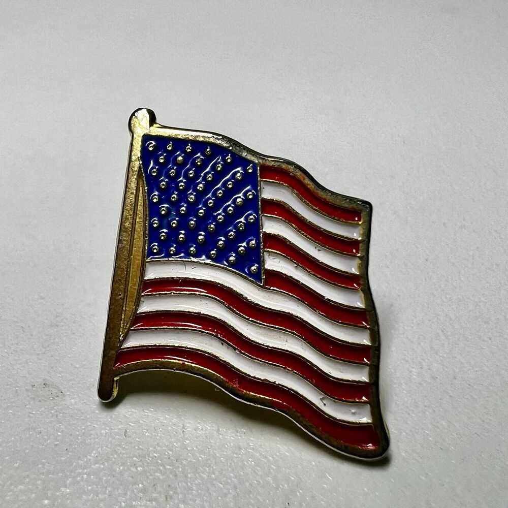 Vintage US American Flag Enamel Lapel Pin Gold Tone Waving USA Patriotic Badge